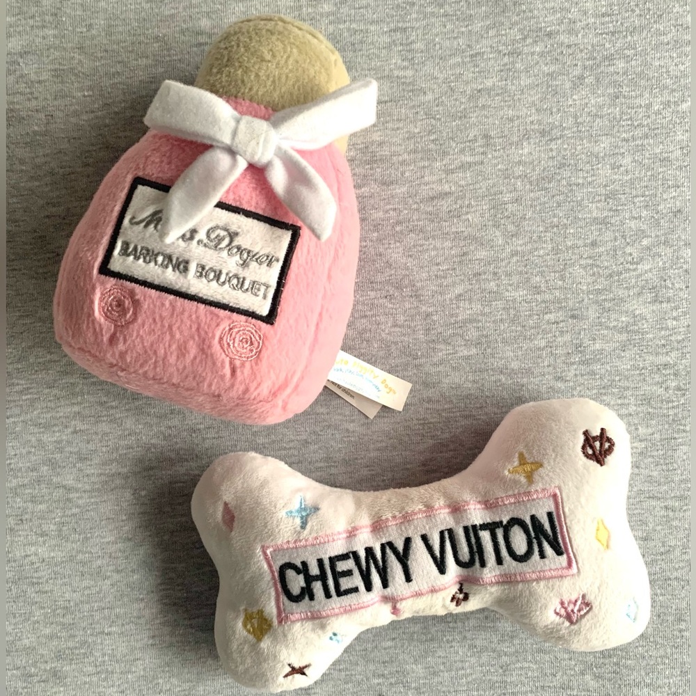 Designer-Inspired Dog Toy Bundle Chewy Vuiton Bone & Miss Dogior Perfume Bottle